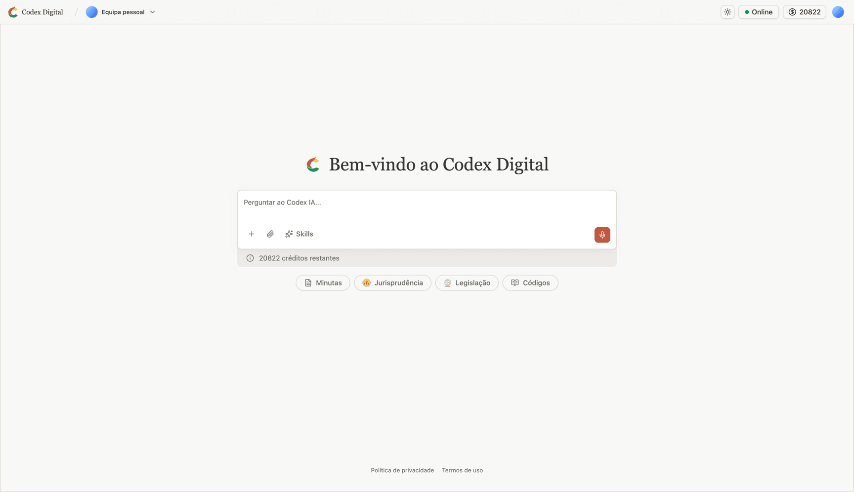 Interface da Codex Digital para pesquisa e preparação de trabalho jurídico